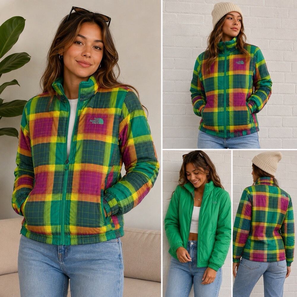 The North Face Women XS Reversible Plaid Jacket Green Y2K Gorpcore Insulated